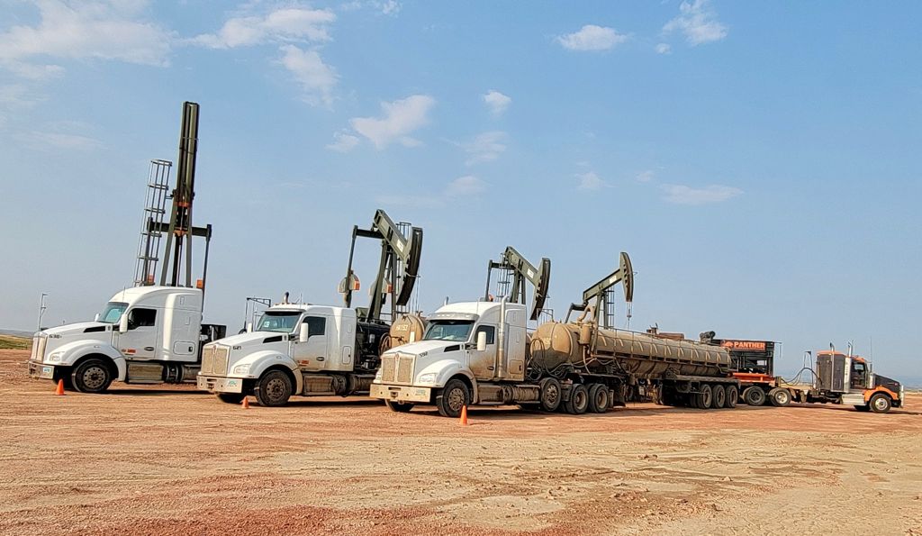 Bell Energy water hauling trucks staged in the Bakken